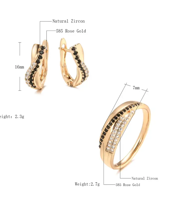 Kinel-Conjunto de anillos y pendientes de circonita Natural para mujer, aretes de oro rosa, joyería Vintage de lujo para boda, color negro, 585 2