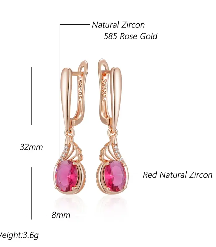 Kinel-pendientes colgantes de circonita Natural ovalados para mujer, color rojo brillante, moda 585, Color oro rosa, joyería fina para fiesta de boda Vintage para uso diario 2