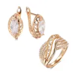 Kinel-Conjunto de anillos y pendientes de boda para novia, aretes de lujo, flor hueca de oro rosa 585, circón Natural, tendencia Vintage, joyería diaria 1