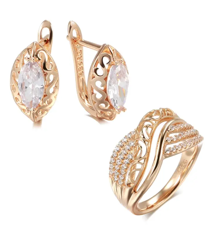 Kinel-Conjunto de anillos y pendientes de boda para novia, aretes de lujo, flor hueca de oro rosa 585, circón Natural, tendencia Vintage, joyería diaria 1