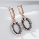 Pendientes largos Kinel de cerámica negra ovalada para mujer, Color oro rosa 585, accesorios de circón Natural, joyería fina diaria 5
