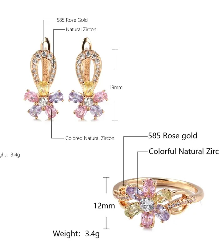 Kinel-Conjunto de anillos de circonia Natural para mujer, aretes de flores de oro rosa, coloridos, a la moda, conjunto de joyería para novia y boda, 585 2