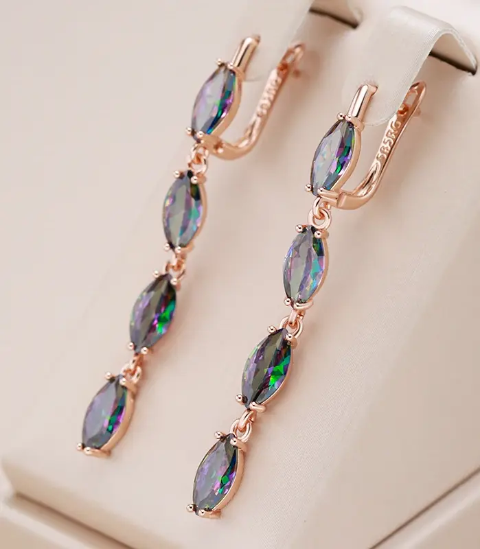 Pendientes largos geométricos coloridos de circonita Natural para mujer, accesorios 585 de Color oro rosa, joyería fina diaria