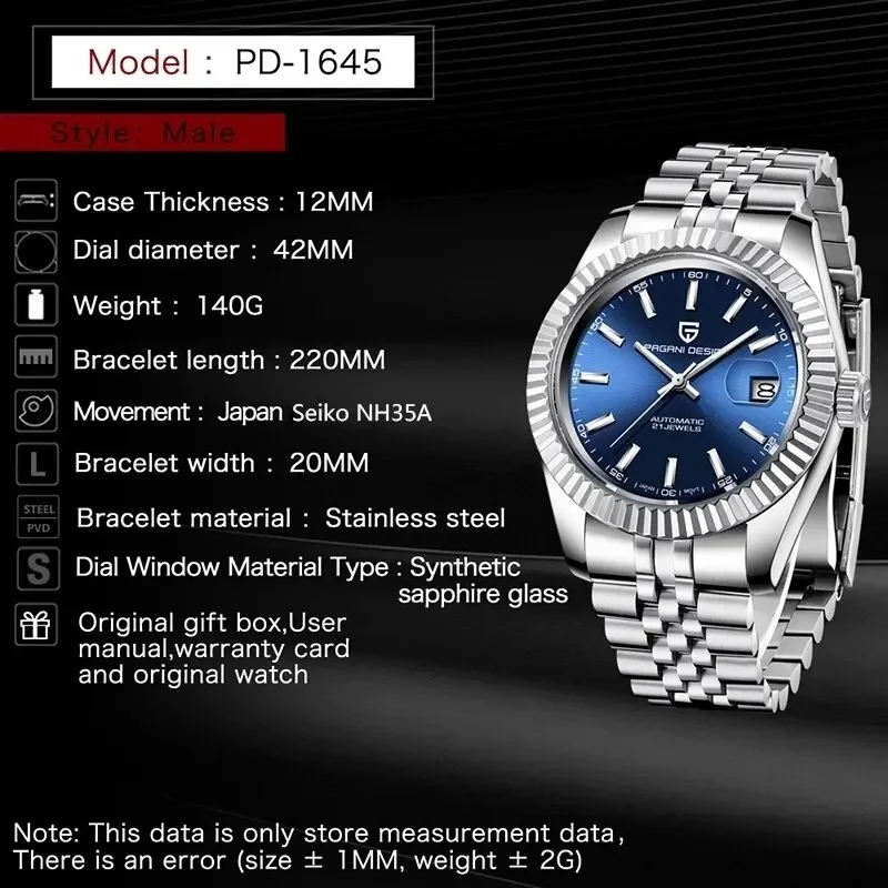 Reloj de pulsera mecánico PAGANI DESIGN NH35/MIYOTA 8215 para hombre, reloj de lujo con cristal de zafiro para hombre, reloj de acero resistente al agua hasta 100M PD1645 2