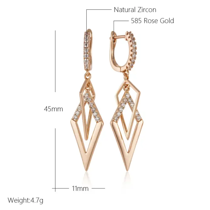 Kinel-pendientes de gota de rombos huecos brillantes para mujer, circonita Natural inusual, Color oro rosa 585, joyería étnica fina diaria 2