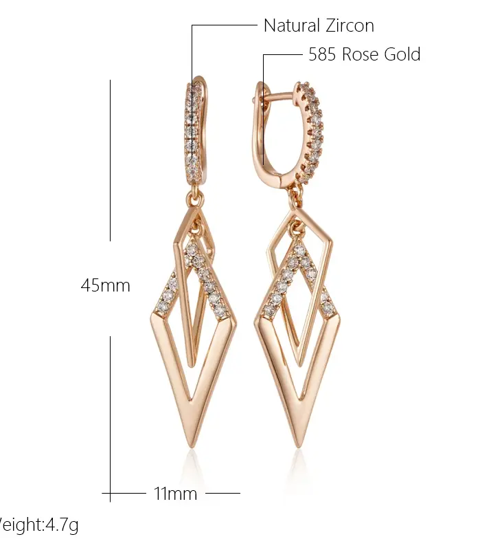 Kinel-pendientes de gota de rombos huecos brillantes para mujer, circonita Natural inusual, Color oro rosa 585, joyería étnica fina diaria 2