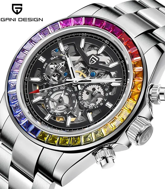 PAGANI DESIGN 40mm moda Arco Iris bisel hombres reloj de pulsera mecánico de lujo cristal de zafiro ahueca hacia fuera el reloj automático para hombres 1