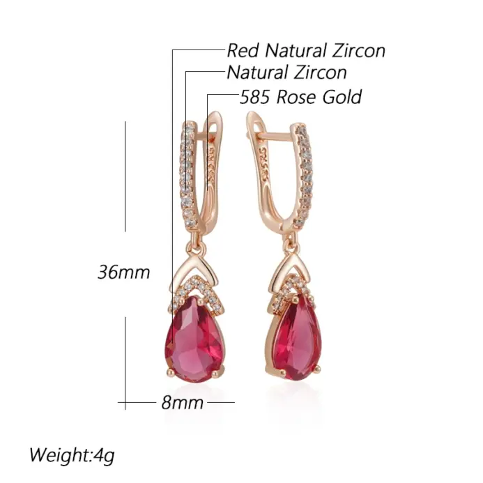 Kinel-pendientes colgantes de circonita Natural para mujer, gota de agua roja brillante, Color oro rosa 585, joyería fina para fiesta de boda Vintage para uso diario 2
