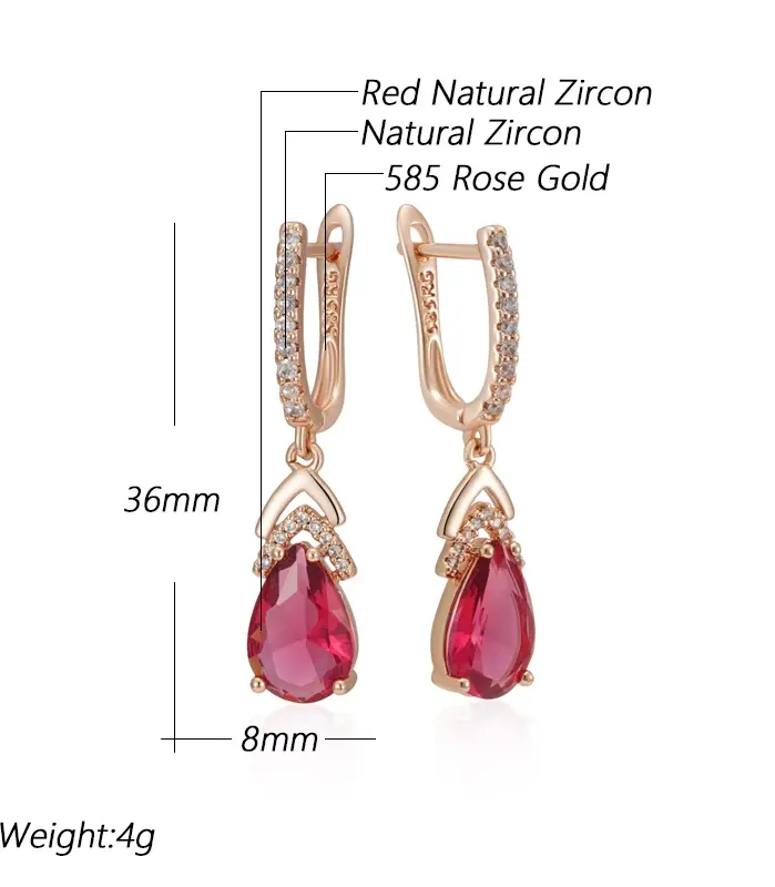 Kinel-pendientes colgantes de circonita Natural para mujer, gota de agua roja brillante, Color oro rosa 585, joyería fina para fiesta de boda Vintage para uso diario 2