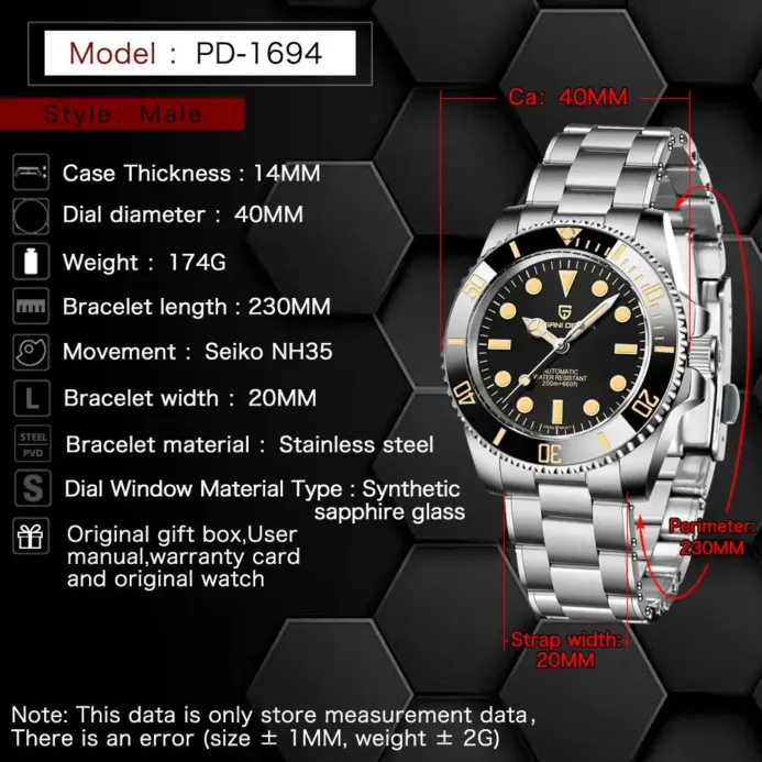 PAGANI DESIGN PD-1694 Reloj mecánico automático de 40MM para hombre Japón NH35 Movt Reloj de pulsera resistente al agua de acero inoxidable con cristal de zafiro 2