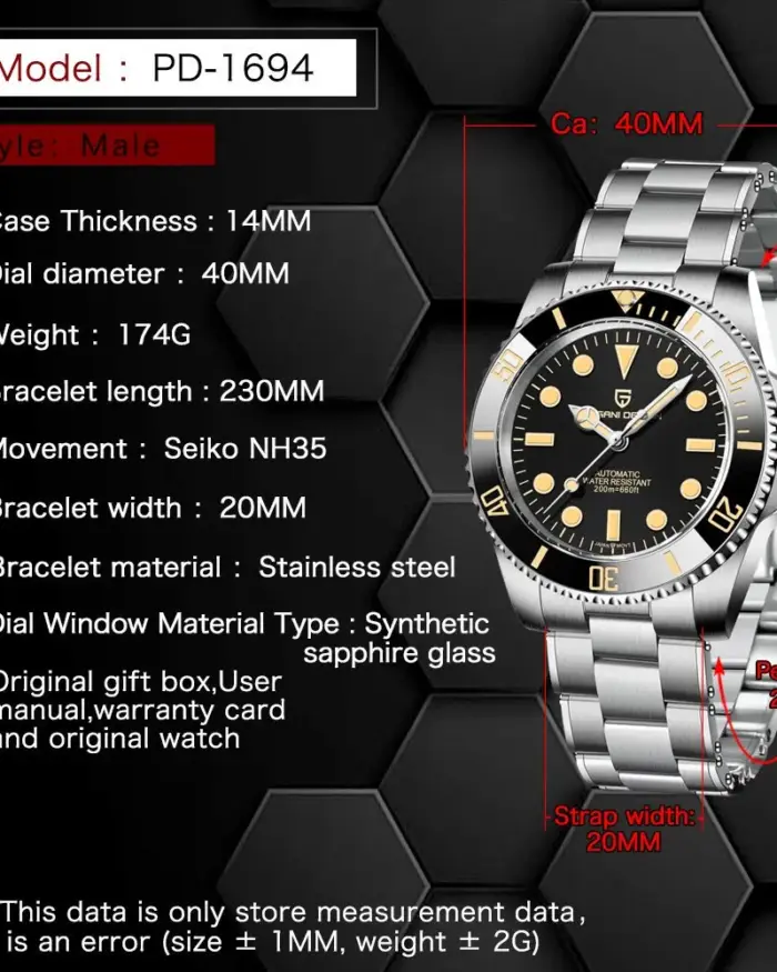 PAGANI DESIGN PD-1694 Reloj mecánico automático de 40MM para hombre Japón NH35 Movt Reloj de pulsera resistente al agua de acero inoxidable con cristal de zafiro 2