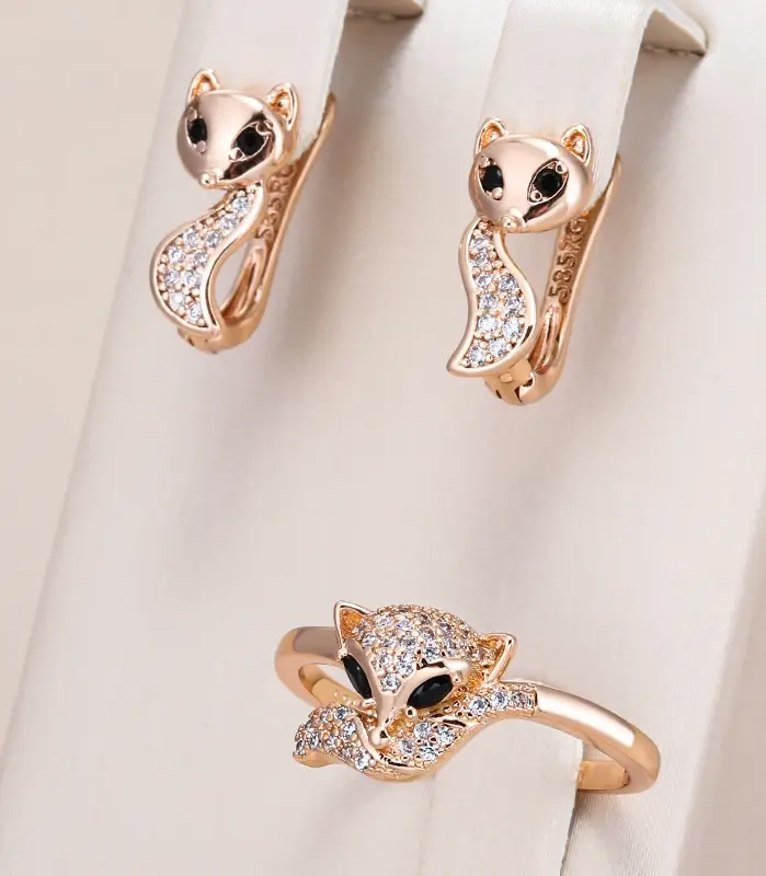 Conjunto de anillos y pendientes de zorro para mujer, moda 585, Color oro rosa, accesorios de circón Natural, conjuntos de joyería de animales para niños 1