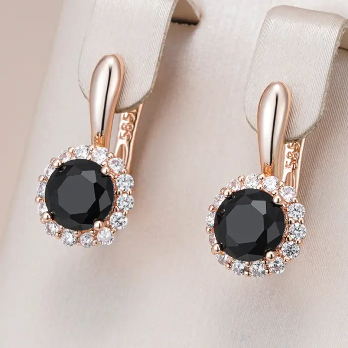 Kinel-pendientes ingleses de circonita Natural para mujer, aretes redondos negros brillantes, Color oro rosa 585, joyería fina para fiesta de boda Vintage para uso diario 1