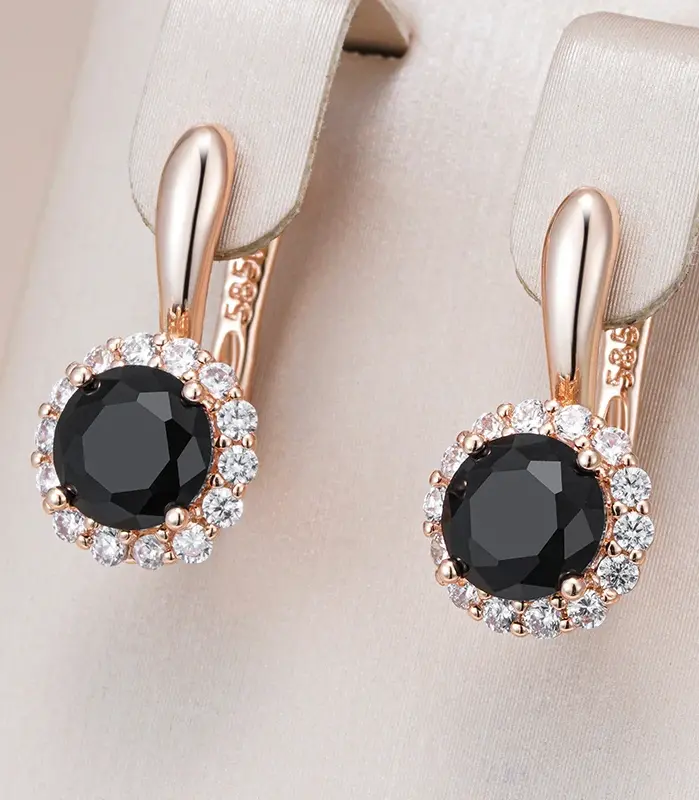 Kinel-pendientes ingleses de circonita Natural para mujer, aretes redondos negros brillantes, Color oro rosa 585, joyería fina para fiesta de boda Vintage para uso diario 1