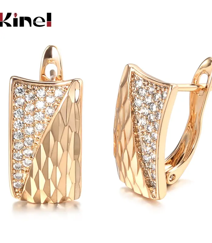 Kinel-pendientes cuadrados con patrón para mujer, aretes de circonita Natural de oro rosa 585, joyería de boda étnica para novia 1