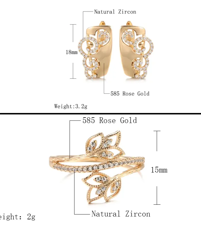 Kinel moda novedosa 585 anillo de oro rosa pendientes conjuntos de moda circón Natural pendientes para las mujeres de alta calidad diario conjunto de joyería delicada 2
