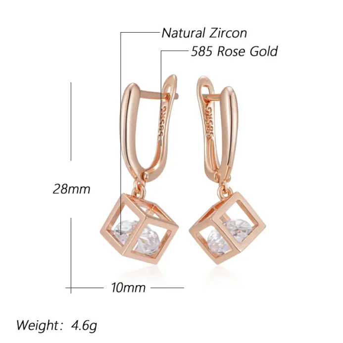 Kinel-pendientes colgantes cuadrados huecos simples para mujer, Color oro rosa 585, accesorios de circón Natural, joyería fina diaria 2