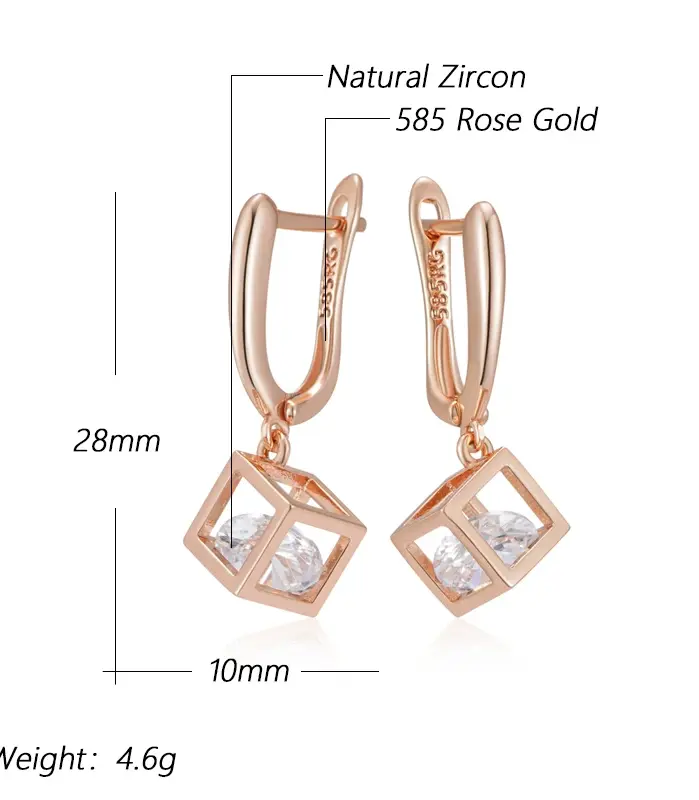 Kinel-pendientes colgantes cuadrados huecos simples para mujer, Color oro rosa 585, accesorios de circón Natural, joyería fina diaria 2