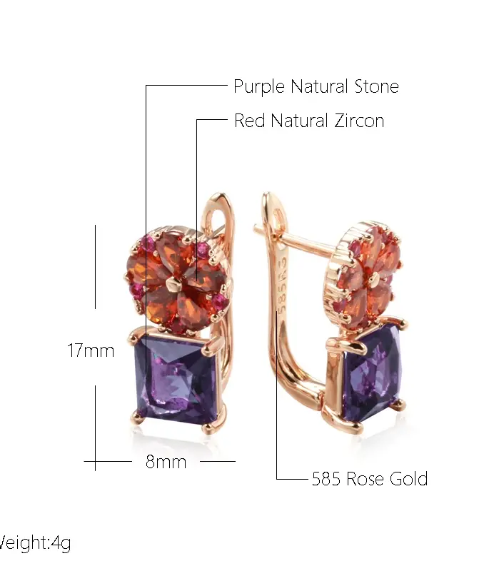 Pendientes Kinel cuadrados de circonita Natural púrpura para mujer, joyería de flores de Color oro rosa 585 2