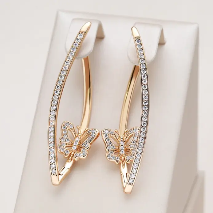 Kinel nueva moda pendientes de mariposa geométricos 2022 Micro incrustaciones de circón Natural 585 pendiente de gota larga de oro rosa joyería Vintage 1