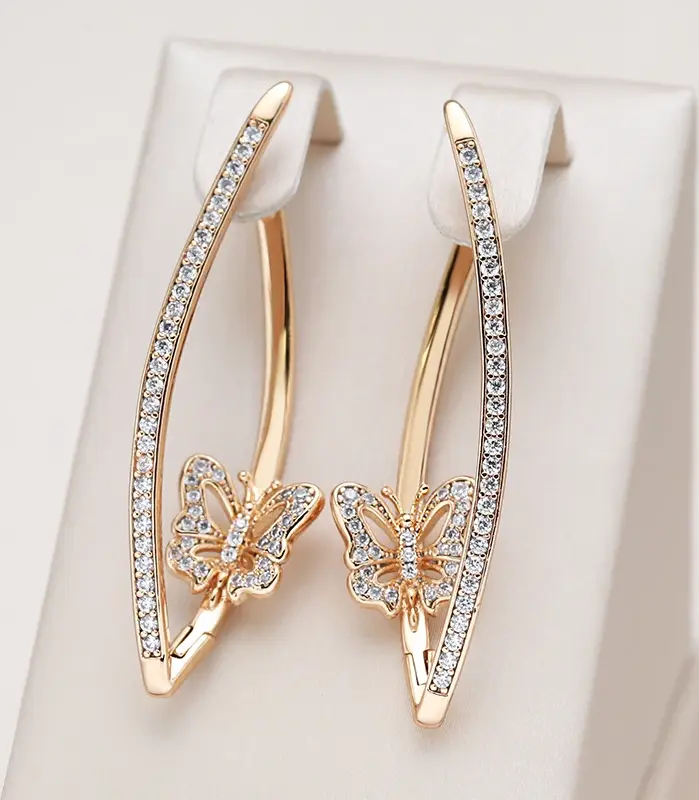 Kinel nueva moda pendientes de mariposa geométricos 2022 Micro incrustaciones de circón Natural 585 pendiente de gota larga de oro rosa joyería Vintage 1