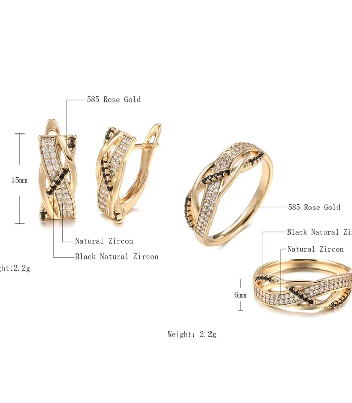 Kinel-Conjunto de anillos y pendientes de circonita Natural para mujer, aretes de oro rosa 585 con Cruz geométrica, conjuntos de joyería Vintage 2