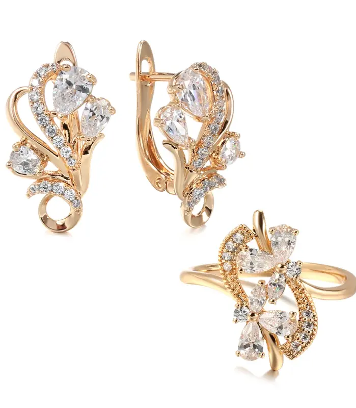 Kinel-Conjunto de anillos y pendientes de flores de cristal de oro rosa 585 de lujo para mujer, conjuntos de joyería Vintage de boda nupcial de circón Natural 1