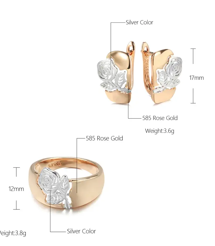 Kinel nueva tendencia brillante Rosa flor pendientes conjuntos de anillos para mujer 585 oro con Color plata étnico Vintage conjuntos de joyería de boda 2