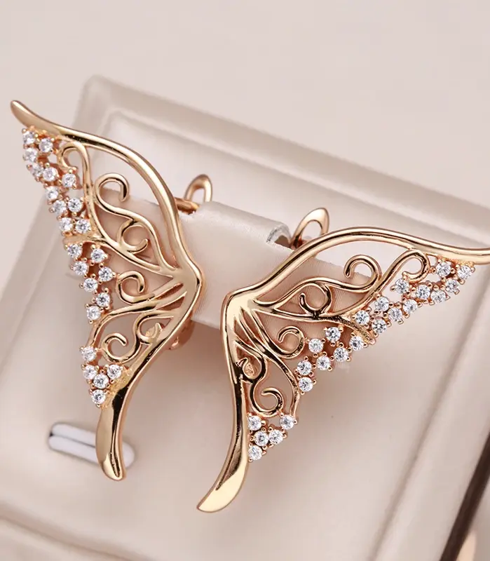 Kinel-pendientes de lujo de oro rosa 585, circonita Natural ostentosa, deslumbrante pendiente de mariposa hueca, regalo de joyería de boda 1
