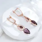 Kinel-pendientes largos de circonita Natural púrpura para mujer, accesorios de gota de agua de oro rosa 585, joyería diaria para boda 6