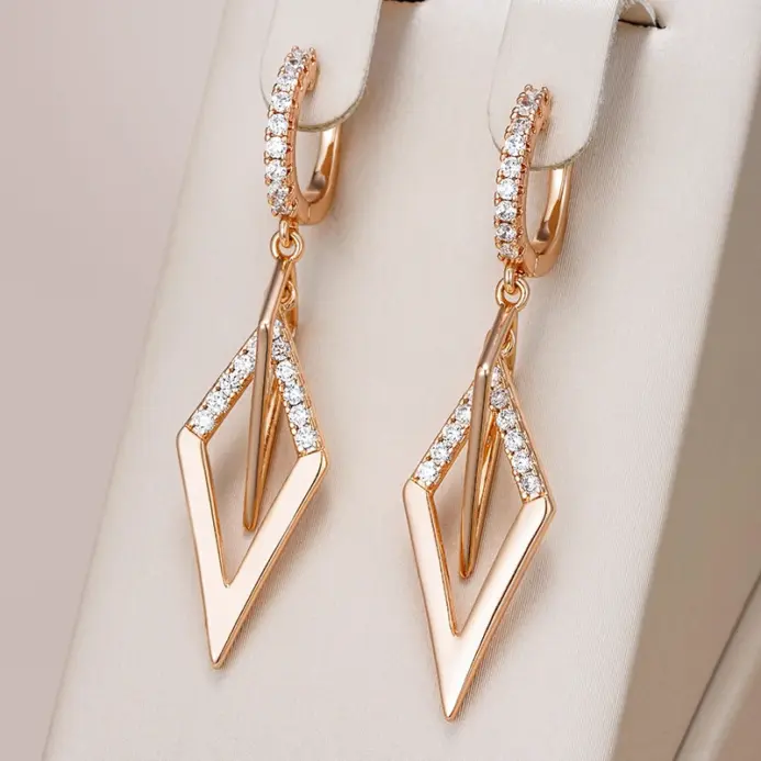 Kinel-pendientes de gota de rombos huecos brillantes para mujer, circonita Natural inusual, Color oro rosa 585, joyería étnica fina diaria 1