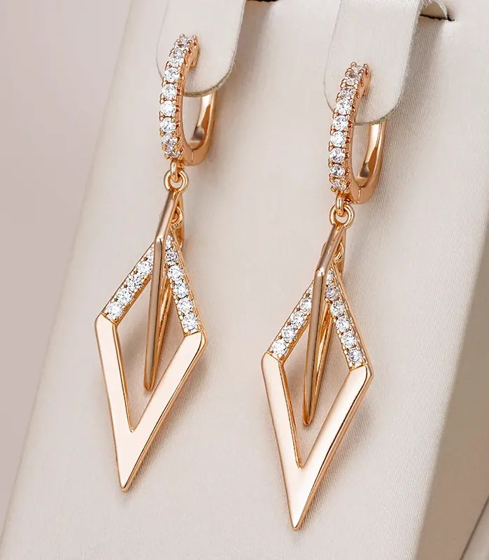 Kinel-pendientes de gota de rombos huecos brillantes para mujer, circonita Natural inusual, Color oro rosa 585, joyería étnica fina diaria 1