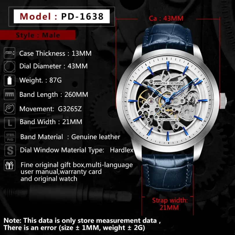 Marca PAGANI DESIGN, reloj dorado de cuero de moda para hombre, relojes mecánicos automáticos con esqueleto resistente al agua, caja Masculino 3