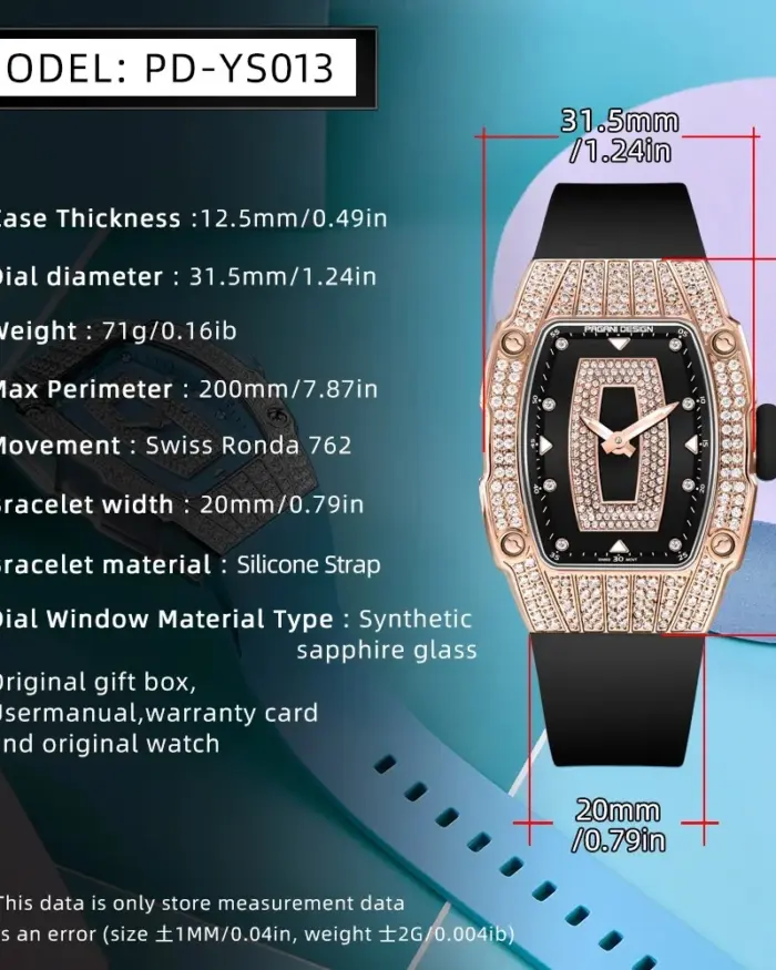 PAGANI DESIGN, reloj de cuarzo Tonneau de lujo a la moda para mujer, reloj de pulsera elegante con tachuelas de diamantes suizo Ronda Movt para mujer, reloj de pulsera para mujer 2