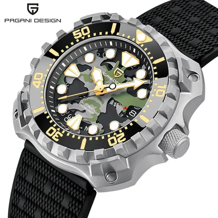 Reloj mecánico PAGANI DESIGN para hombre, esfera hueca de camuflaje militar NH35 Movt zafiro, reloj de pulsera automático resistente al agua de 200m 1