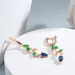 Kinel-pendientes colgantes de hoja larga para mujer, oro rosa 585, con circonita Natural verde brillante, accesorios Vintage, joyería fina para uso diario 4