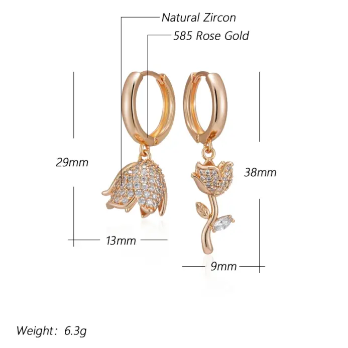 Kinel Hot 585 pendientes grandes asimétricos de Color oro rosa para mujer, accesorios de circón Natural totalmente brillante, joyería fina diaria 2