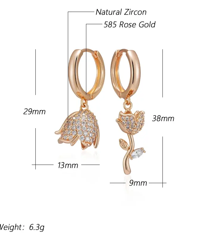 Kinel Hot 585 pendientes grandes asimétricos de Color oro rosa para mujer, accesorios de circón Natural totalmente brillante, joyería fina diaria 2