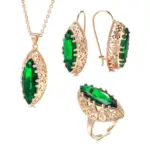 Conjunto de collar y pendientes de oro rosa para novia, juego de anillos, rombo verde, circonita Natural, flor hueca, Vintage, 585 1