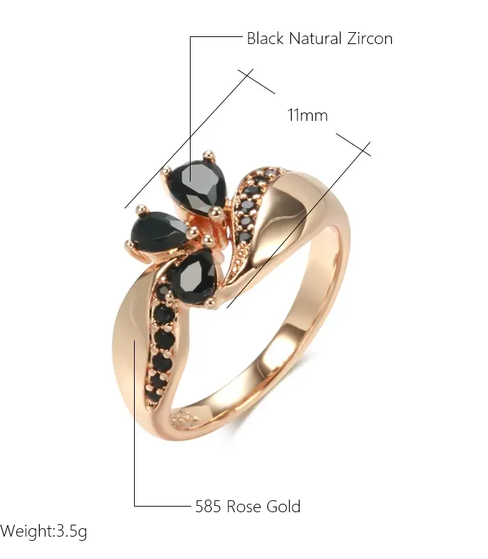 Anillo de circón Natural negro para mujer, moda 585, Color oro rosa, flor de cristal, anillo de novia, joyería Vintage fina diaria 2