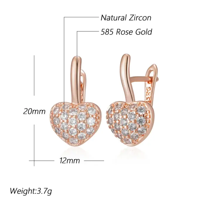 Pendientes Kinel Hot 585 de Color oro rosa con forma de corazón inglés para mujer, accesorios de circón Natural totalmente brillante, joyería de boda y San Valentín 2