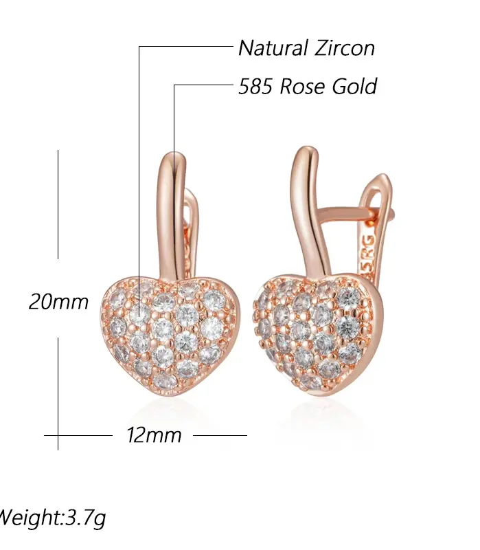 Pendientes Kinel Hot 585 de Color oro rosa con forma de corazón inglés para mujer, accesorios de circón Natural totalmente brillante, joyería de boda y San Valentín 2