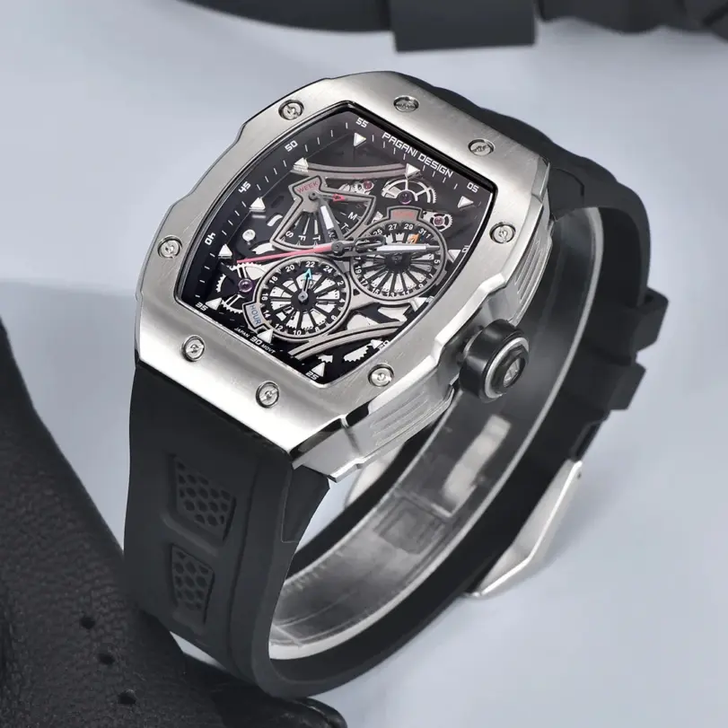 Reloj de pulsera PAGANI DESIGN YS012 para hombre, reloj de cuarzo con esqueleto, movimiento japonés TMI VH88, correa de silicona, cristal de zafiro, resistente al agua 4