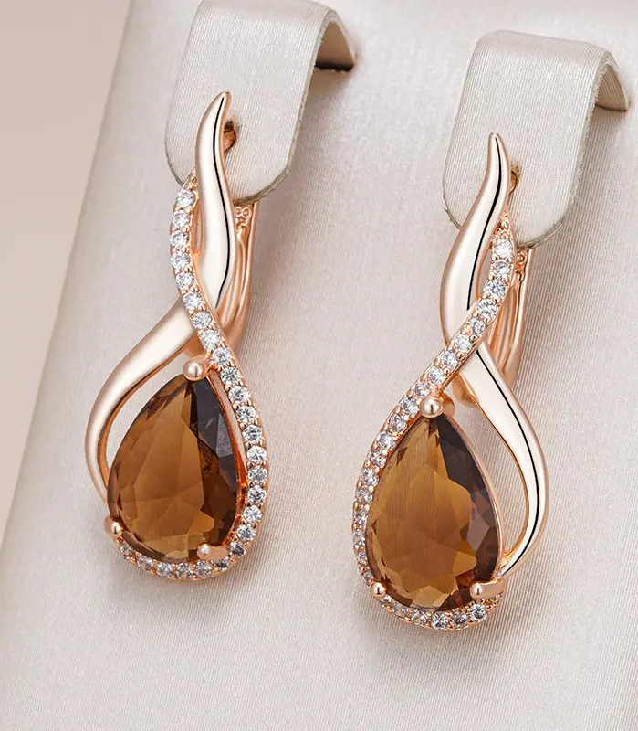Kinel-pendientes ingleses de circonita Natural para mujer, color marrón claro, gotas de agua, Color oro rosa 585, joyería diaria de alta calidad 1