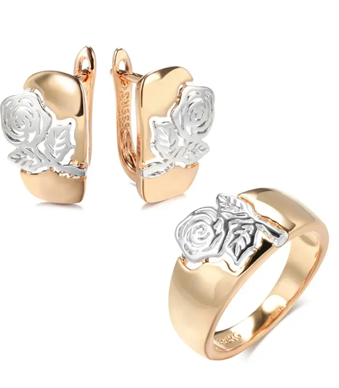Kinel nueva tendencia brillante Rosa flor pendientes conjuntos de anillos para mujer 585 oro con Color plata étnico Vintage conjuntos de joyería de boda 1