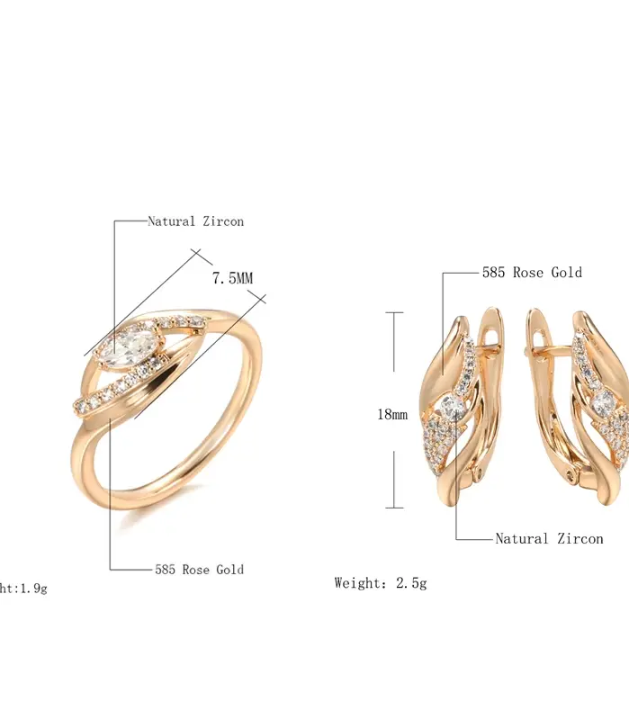Kinel-pendientes colgantes de oro rosa 585 para mujer, conjunto de anillos de circón Natural, joyería Vintage 2