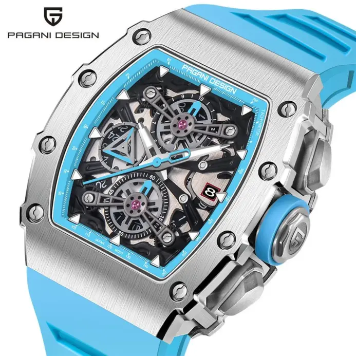 Pagani Design-relojes de cuarzo para hombre, esfera con mecanismo al descubierto, resistente al agua, deportivo, con cronógrafo de cristal de zafiro rectangular 1