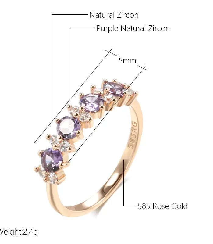 Anillo de circón Natural púrpura brillante para mujer, Color oro rosa 585, banda de boda redonda a juego, joyería fina diaria 2