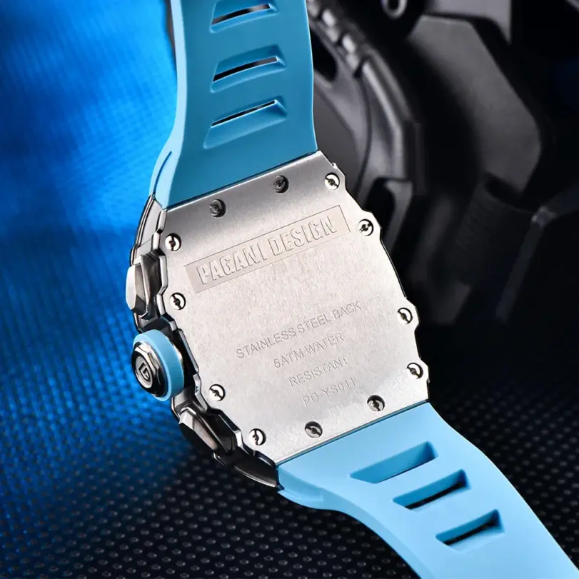 Pagani Design-relojes de cuarzo para hombre, esfera con mecanismo al descubierto, resistente al agua, deportivo, con cronógrafo de cristal de zafiro rectangular 3