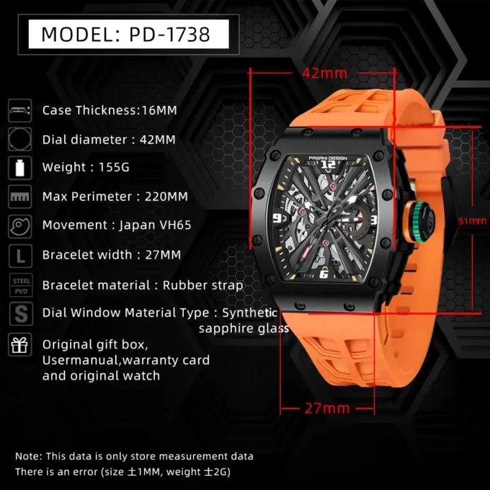 PAGANI DESIGN PD1738 relojes de cuarzo para hombre 42MM VH65 caja negra zafiro acero inoxidable 50M reloj de pulsera resistente al agua para hombre 2